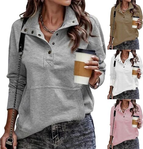JSLOOO Womens Casual Henley V Neck Sweatshirts Quarter Button Pullover Tops Lightweight Fall Winter Sweatshirt with Pockets in Saudi Arabia