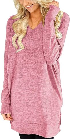 قمصان تونيك يمكن ارتداؤها مع السراويل الضيقة وقميص بأكمام طويلة ورقبة على شكل حرف V وسترة صوفية كاجوال مع جيوب in Kuwait