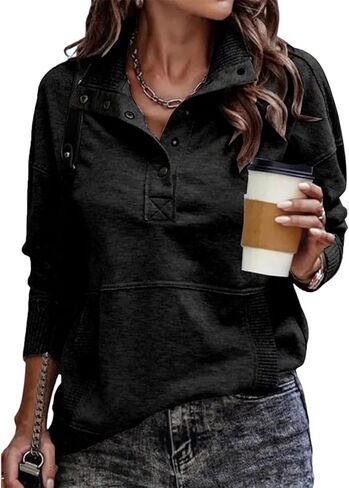 JSLOOO Womens Casual Henley V Neck Sweatshirts Quarter Button Pullover Tops Lightweight Fall Winter Sweatshirt with Pockets in Saudi Arabia