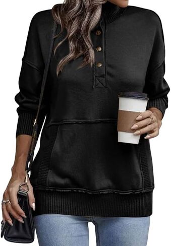 JSLOOO Womens Casual Henley V Neck Sweatshirts Quarter Button Pullover Tops Lightweight Fall Winter Sweatshirt with Pockets in Saudi Arabia