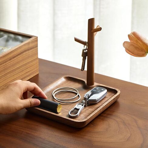 Black Walnut Solid Wood Key Dish Bowl for Entryway Table Square Tray With 3 Hooks, Open Storage for Keys, Wallet, Jewelry (Walnut, Square) in Saudi Arabia