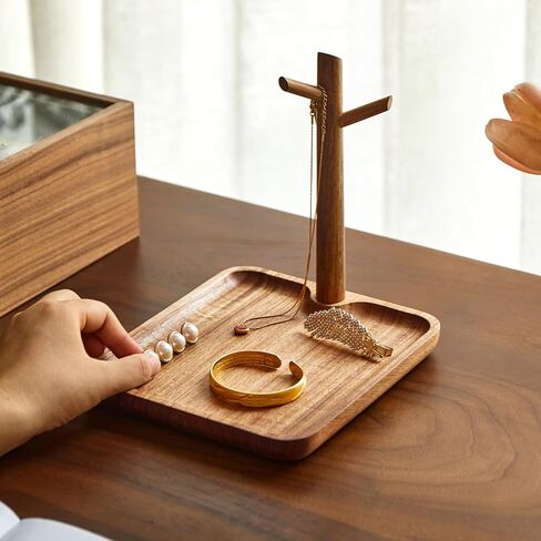 Black Walnut Solid Wood Key Dish Bowl for Entryway Table Square Tray With 3 Hooks, Open Storage for Keys, Wallet, Jewelry (Walnut, Square) in Saudi Arabia