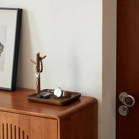 Black Walnut Solid Wood Key Dish Bowl for Entryway Table Square Tray With 3 Hooks, Open Storage for Keys, Wallet, Jewelry (Walnut, Square) in Saudi Arabia