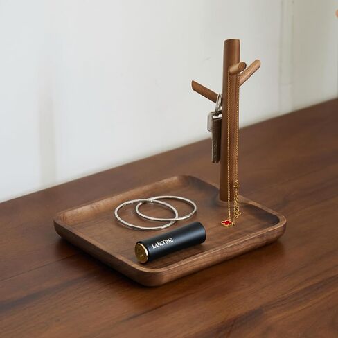Black Walnut Solid Wood Key Dish Bowl for Entryway Table Square Tray With 3 Hooks, Open Storage for Keys, Wallet, Jewelry (Walnut, Square) in Saudi Arabia