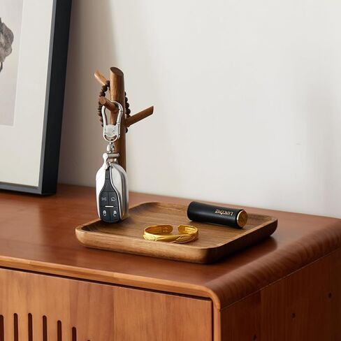 Black Walnut Solid Wood Key Dish Bowl for Entryway Table Square Tray With 3 Hooks, Open Storage for Keys, Wallet, Jewelry (Walnut, Square) in Saudi Arabia
