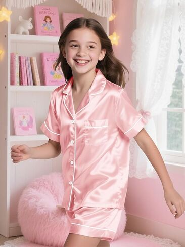 Binpaw Girl's 2 قطعة بيجاما مجموعة قصيرة الأكمام PJ مجموعة القميص والقصيرة in Kuwait