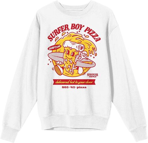 سترة Bioworld Stranger Things Surfer Boy Pizza للبالغين بيضاء برقبة دائرية in Saudi Arabia
