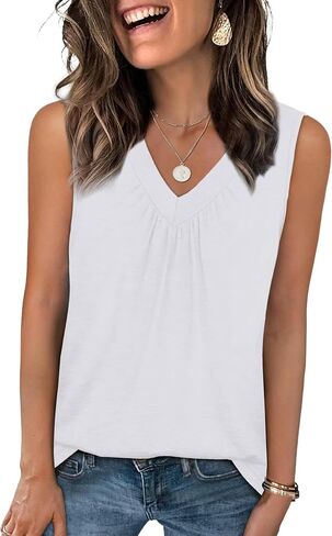 OFEEFAN Tank Top for Women Loose Fit Sleeveless Shirts V Neck Summer Clothes Ruched Women's Tees and Tanks Curved Hem in Saudi Arabia