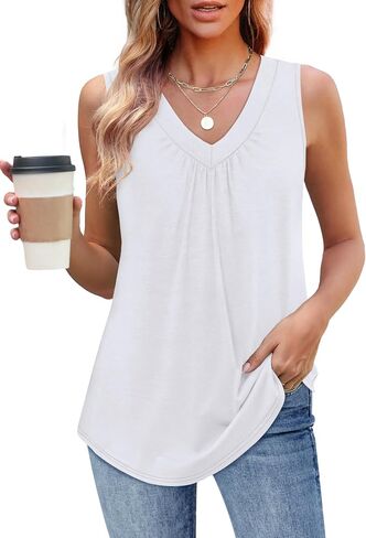 OFEEFAN Tank Top for Women Loose Fit Sleeveless Shirts V Neck Summer Clothes Ruched Women's Tees and Tanks Curved Hem in Saudi Arabia