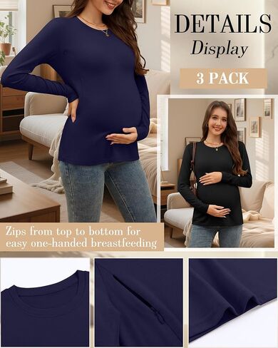 3 Pack Nursing Tops for Breastfeeding Maternity Shirts Zipper Long Sleeve Round Neck Knit Casual Nursing Clothes in Saudi Arabia