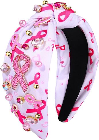 Pink Ribbon Headband for Women Breast Cancer Awareness Hairband Crystal Pearl Knotted Hairband Jeweled Embellished Wide Top Knot Headwear Breast Cancer Hair Accessory (Pink Ribbon Headband A) in Saudi Arabia