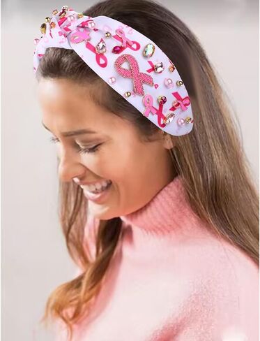 Pink Ribbon Headband for Women Breast Cancer Awareness Hairband Crystal Pearl Knotted Hairband Jeweled Embellished Wide Top Knot Headwear Breast Cancer Hair Accessory (Pink Ribbon Headband A) in Saudi Arabia