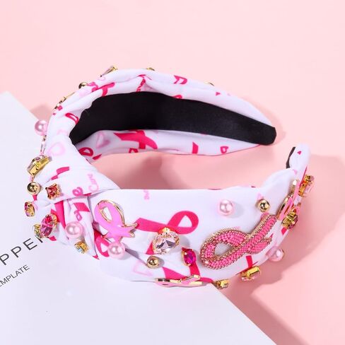 Pink Ribbon Headband for Women Breast Cancer Awareness Hairband Crystal Pearl Knotted Hairband Jeweled Embellished Wide Top Knot Headwear Breast Cancer Hair Accessory (Pink Ribbon Headband A) in Saudi Arabia