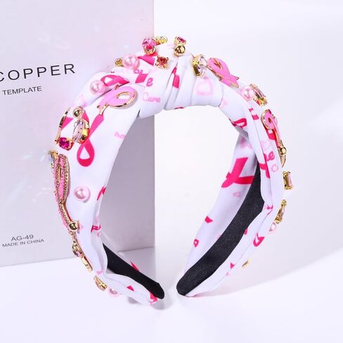 Pink Ribbon Headband for Women Breast Cancer Awareness Hairband Crystal Pearl Knotted Hairband Jeweled Embellished Wide Top Knot Headwear Breast Cancer Hair Accessory (Pink Ribbon Headband A) in Saudi Arabia