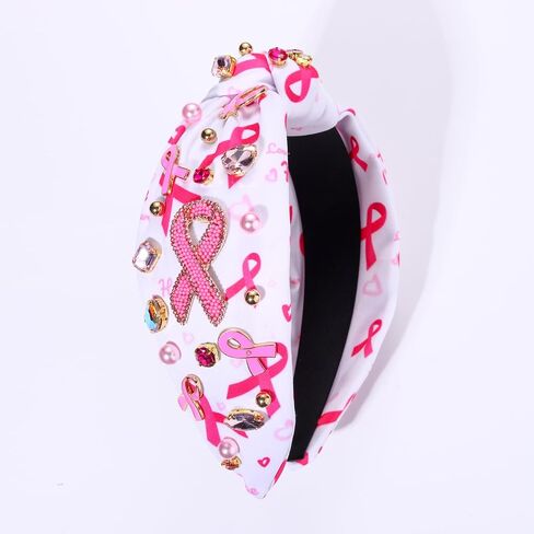 Pink Ribbon Headband for Women Breast Cancer Awareness Hairband Crystal Pearl Knotted Hairband Jeweled Embellished Wide Top Knot Headwear Breast Cancer Hair Accessory (Pink Ribbon Headband A) in Saudi Arabia