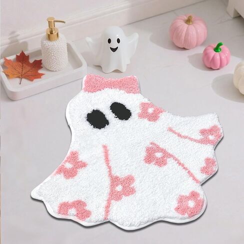 Mocsicka Pink Halloween Bath Mat Cute Ghost Bathroom Rug Super Soft Absorbent Bathroom Rugs Non Slip Halloween Bath Mat Machine Washable Rug for Bathrooms 24x26 inch (Pink) in Saudi Arabia
