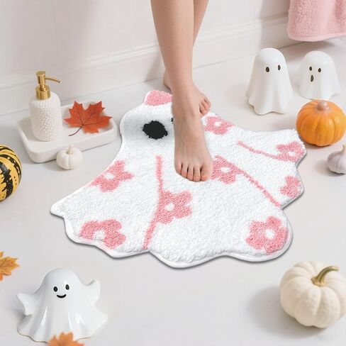 Mocsicka Pink Halloween Bath Mat Cute Ghost Bathroom Rug Super Soft Absorbent Bathroom Rugs Non Slip Halloween Bath Mat Machine Washable Rug for Bathrooms 24x26 inch (Pink) in Saudi Arabia
