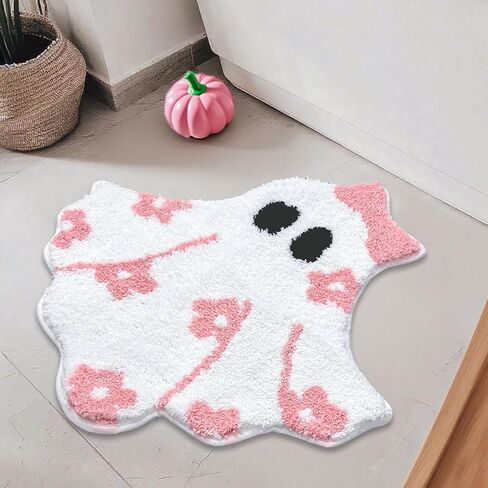 Mocsicka Pink Halloween Bath Mat Cute Ghost Bathroom Rug Super Soft Absorbent Bathroom Rugs Non Slip Halloween Bath Mat Machine Washable Rug for Bathrooms 24x26 inch (Pink) in Saudi Arabia