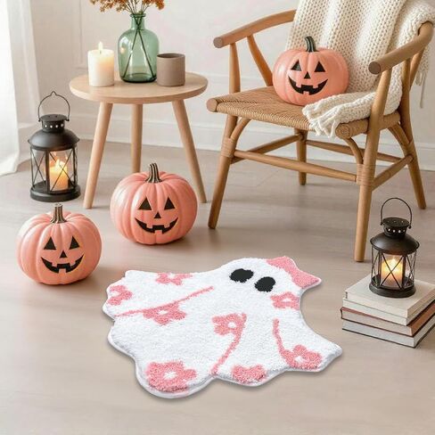 Mocsicka Pink Halloween Bath Mat Cute Ghost Bathroom Rug Super Soft Absorbent Bathroom Rugs Non Slip Halloween Bath Mat Machine Washable Rug for Bathrooms 24x26 inch (Pink) in Saudi Arabia