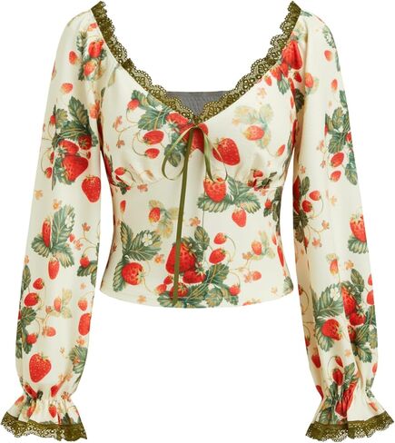 CIDER Women's Cute Crop Tops Strawberry Long Sleeve Tops Lace Trim V Neck Shirts Casual Spring Fall Outfits Y2K in Saudi Arabia