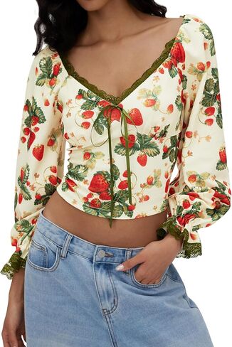 CIDER Women's Cute Crop Tops Strawberry Long Sleeve Tops Lace Trim V Neck Shirts Casual Spring Fall Outfits Y2K in Saudi Arabia