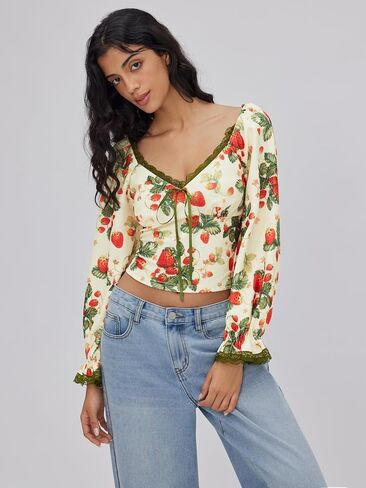 CIDER Women's Cute Crop Tops Strawberry Long Sleeve Tops Lace Trim V Neck Shirts Casual Spring Fall Outfits Y2K in Saudi Arabia