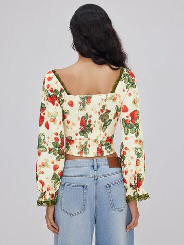 CIDER Women's Cute Crop Tops Strawberry Long Sleeve Tops Lace Trim V Neck Shirts Casual Spring Fall Outfits Y2K in Saudi Arabia