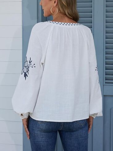 Women‘s Embroidery Cotton Blouses Raglan Long Sleeve V Neck Tie Front Floral Babydoll Tops Boho Chic in Saudi Arabia