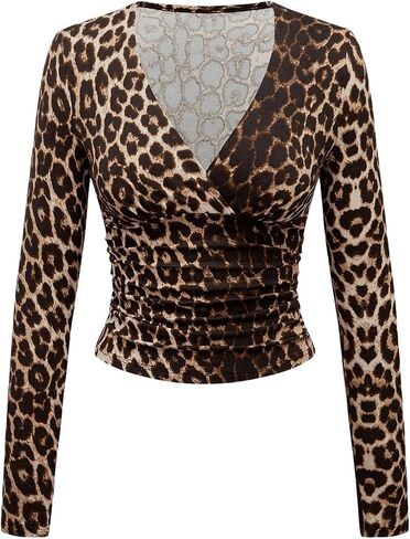 WDIRARA Women's Leopard Print Deep V Neck Shirt Long Sleeve Wrap Ruched Blouse Tops in Saudi Arabia