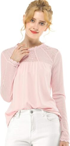 Allegra K Women's Chiffon Tops Elegant Wedding Guets Sheer Mesh Lace Long Sleeve Blouse in Saudi Arabia