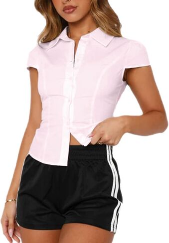 Women's Y2K Button Down Short Sleeve Shirt Slim Fitted Turn Down Collar Solid Color Business Casual Tops in Kuwait