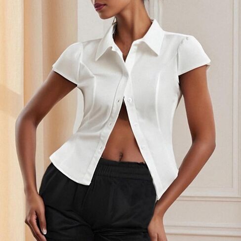 Women's Y2K Button Down Short Sleeve Shirt Slim Fitted Turn Down Collar Solid Color Business Casual Tops in Kuwait