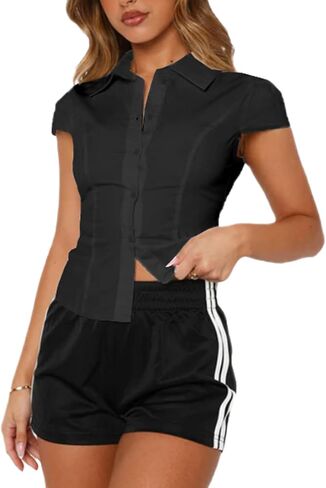 Women's Y2K Button Down Short Sleeve Shirt Slim Fitted Turn Down Collar Solid Color Business Casual Tops in Kuwait