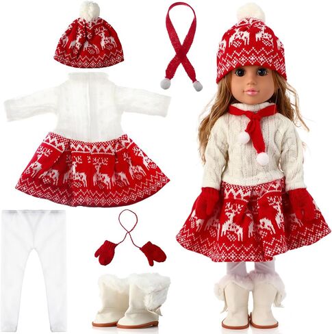 6 Pcs Winter Doll Clothes and Accessories Set 18 Inches Christmas Doll Outfits Xmas Costumes Included Sweats Dress Trousers Hat Shoes Scarf Gloves for Party Favors Girl Gift(Snow,Gray) in Saudi Arabia