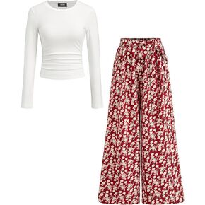 سروال Palazzo نسائي واسع الساق بطبعة زهور من CIDER، بنطال مرن عالي الخصر مع بلوزة بأكمام طويلة in Kuwait