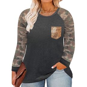TIYOMI Plus Size Shirts for Women Long Sleeve Tops Front Pocket Shirt Round Crew Neck Fall Autumn Winter Shirt XL-5XL in Kuwait