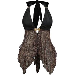 Women's Y2k Cheetah Print Sequin Halter Tops Leopard Tie Back Metal Crop Corset Sleeveless Party Rave Outfits in Saudi Arabia