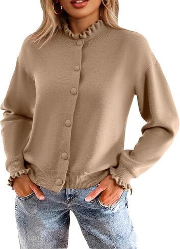 Simplee Short Knit Fall Cardigan Sweaters Cute Ruffle Mock Neck Long Sleeve Button Down Open Front Cardigans Trendy Outfits in Saudi Arabia