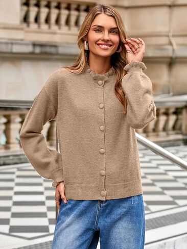 Simplee Short Knit Fall Cardigan Sweaters Cute Ruffle Mock Neck Long Sleeve Button Down Open Front Cardigans Trendy Outfits in Saudi Arabia