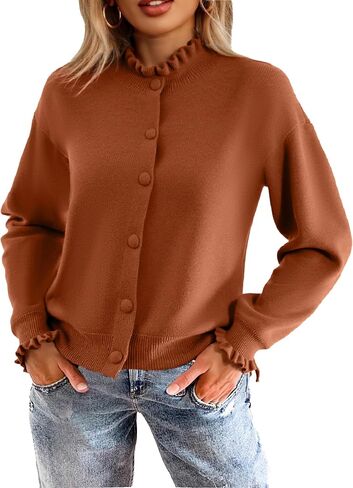 Simplee Short Knit Fall Cardigan Sweaters Cute Ruffle Mock Neck Long Sleeve Button Down Open Front Cardigans Trendy Outfits in Saudi Arabia