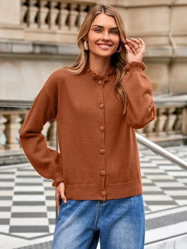 Simplee Short Knit Fall Cardigan Sweaters Cute Ruffle Mock Neck Long Sleeve Button Down Open Front Cardigans Trendy Outfits in Saudi Arabia