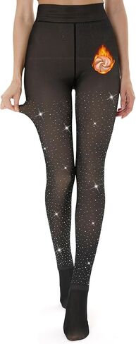 Bonuci 1 Pair Sparkly Winter Fleece Lined Tights for Women Glitter Rhinestone Fake Translucent Warm Pantyhose Leggings Sheer in Saudi Arabia