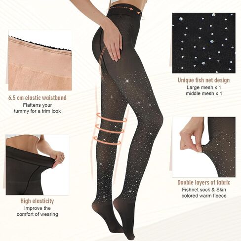 Bonuci 1 Pair Sparkly Winter Fleece Lined Tights for Women Glitter Rhinestone Fake Translucent Warm Pantyhose Leggings Sheer in Saudi Arabia
