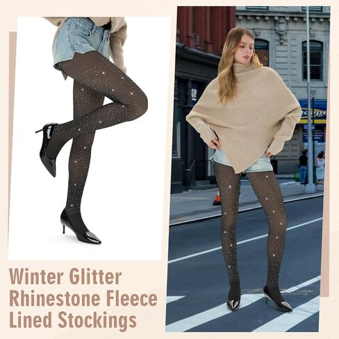Bonuci 1 Pair Sparkly Winter Fleece Lined Tights for Women Glitter Rhinestone Fake Translucent Warm Pantyhose Leggings Sheer in Saudi Arabia