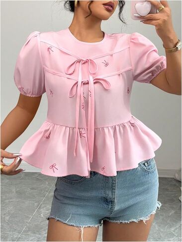 MakeMeChic Women's Bow Puff Sleeve Blouse Crew Neck Tie Front Ruffle Hem Tops in Saudi Arabia