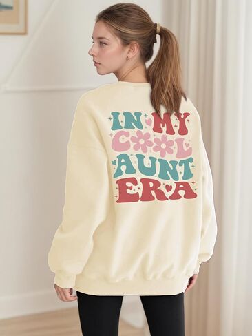 كنزة نسائية كبيرة الحجم من Auntie Era In My Cool Aunts Era، كنزات بياقة دائرية ومطبوع عليها حروف وأكمام طويلة، بلوفر علوي in Kuwait