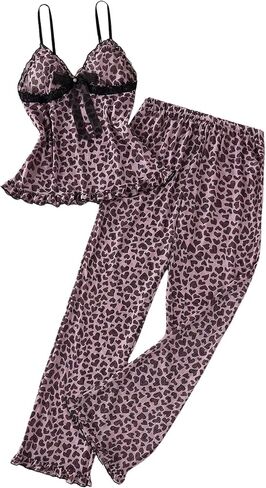 Gorglitter Women's 2 قطعة Leopard Mesh Pajama Set Frill Trim Bow Front Cami Top Pants مجموعات ملابس النوم in Kuwait