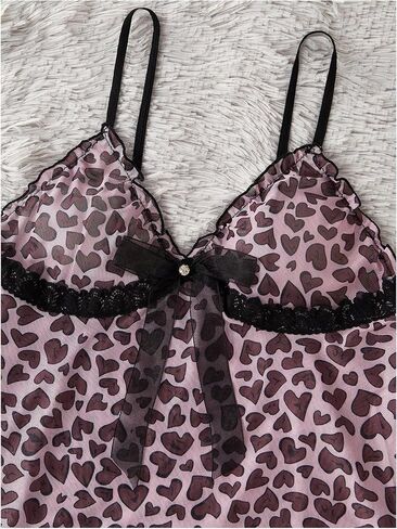 Gorglitter Women's 2 قطعة Leopard Mesh Pajama Set Frill Trim Bow Front Cami Top Pants مجموعات ملابس النوم in Kuwait