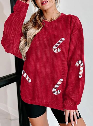 MNLYBABY Christmas Sweatshirt Women Sequin Christmas Sweatshirts Xmas Sparkly Candy Graphic Long Sleeve Pullover Tops in Kuwait