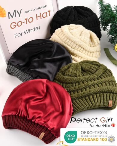 FURTALK Womes Slouchy Winter Beanie Knit Hat Satin Lined 3 Pack Thick Warm Fashionable Skull Cap in Kuwait